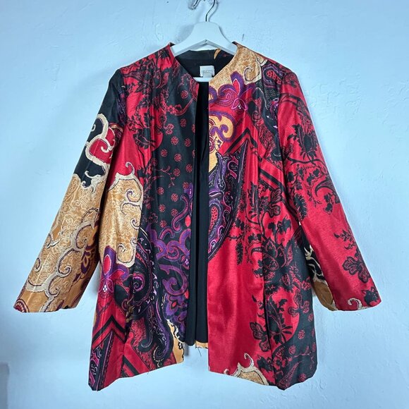 Chico's Womens Holiday Splendor Print Open Front Jacket Size 2 Artsy Multicolor - Picture 1 of 10